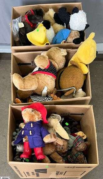 3 Large Boxes of Plush Animals, Paddington Bears Marked Sewn In Haiti, Capricorn, Panda, Gund 2001 and Many Others image