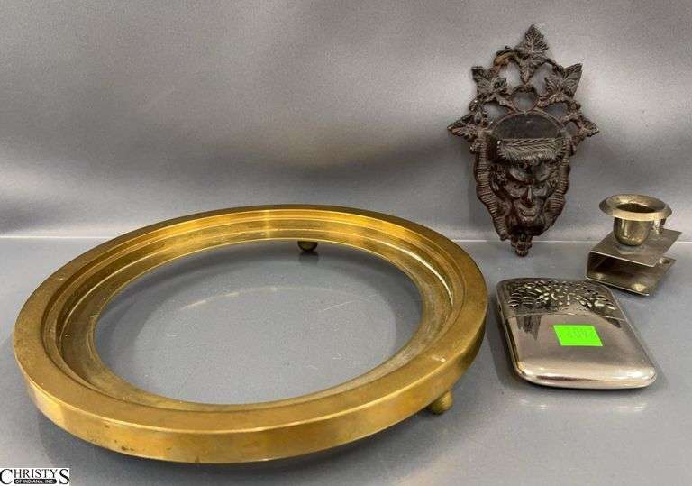 Brass Stand, Bacchus Iron Wall Match Holder, Chamberstick Matchbox Holder, Mikado Lighter, Stand 9.5" image