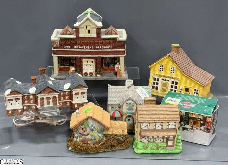 Unboxes Lighted Villages, Home Depot, Old College, Other Cottages, Missing Light Bulbs Possible Chipping image