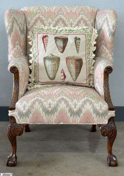 Flame Stitch Upholstered Claw & Ball Foot Wingback Chair - 33" x 42" - 18" seat image