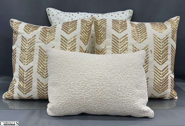 4 Off White and Gold Throw Pillows, Larger 18" image