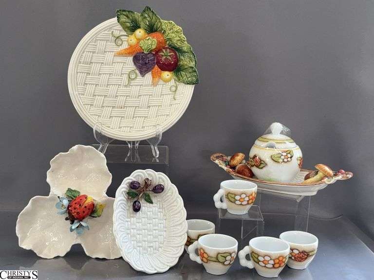 4 Ceramic Vegetable and Mushroom Dishes, Basket Weave Fitz and Floyd image
