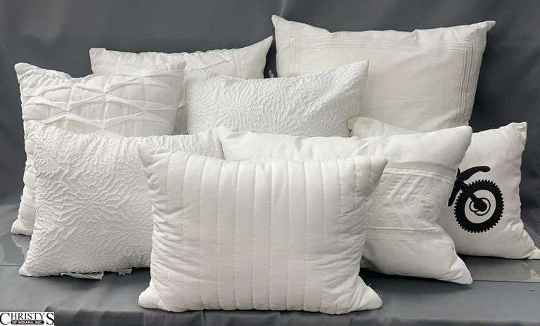 8 White Throw Pillows, One With Tractor, Largest 16" image