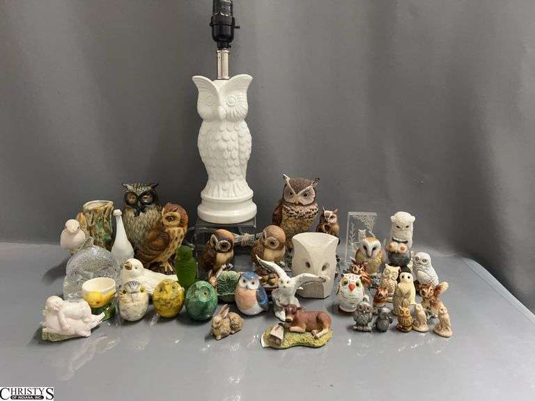 Owl Collectible Lot, Lamp Base, Mineral Owls, Westmoreland, Andrea and Others Some Chips image