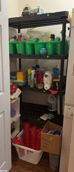 5 Shelf Plastic Unit with Used Laundry and Cleaning Products, Misc Towels, Baskets, Small Shelf - 35" x 19" x 72" of shelf image