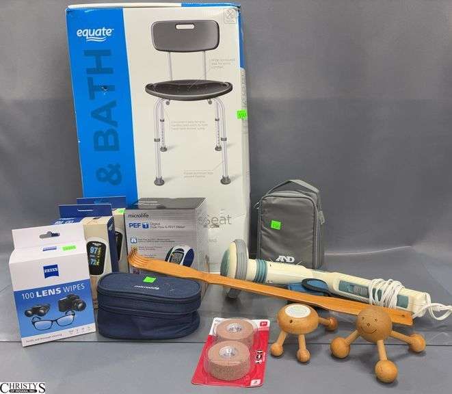 Home Health Items - Equate Bath and Shower Seat, Equate Pulse Oximeter, Microlife Peak Flow Meter, Conair Body Trainer image
