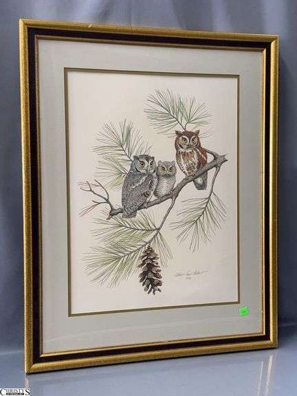 Framed Owl Print Pencil Signed 25x31" image