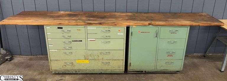 2 Metal Green Cabinets with a Wood Top Largest Multi Door Cabinet is 47x22x36 Top is 23x129 image