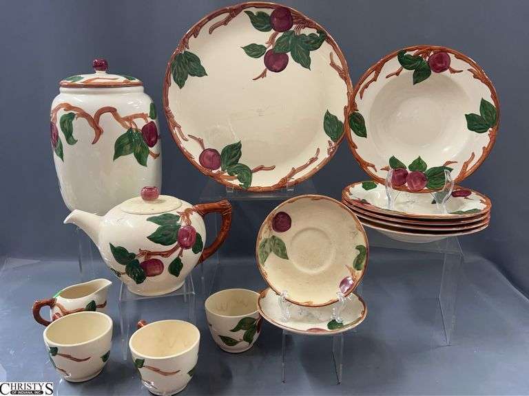 Fransican Apple Dishes, Platter, Cups, Tea Pot, Canister, Bowls, Some Chips Tallest 10" image