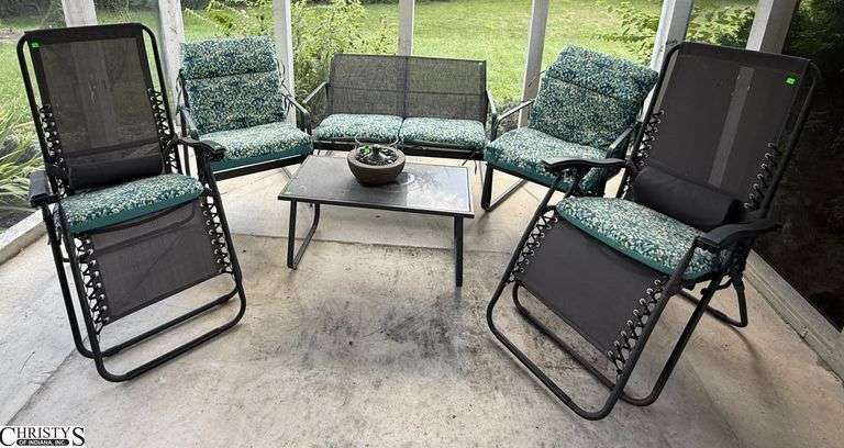 6pc Patio Furniture Grouping - Settee, 2 Chair, Coffee Table, 2 Zero Gravity Loungers - Includes Cushions - Some wear from use - 45" x 29" - 15" seat of settee image