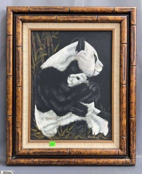 Signed Oil on Canvas Pandas, Framed 18x22" image