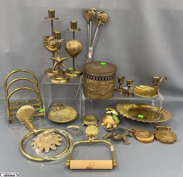 Brass Candle Sticks With Sea Shells, Skewers, Tea Jar, Towel Holders, Pair of Frog Base Candle Holders, Turtle with Flowers image