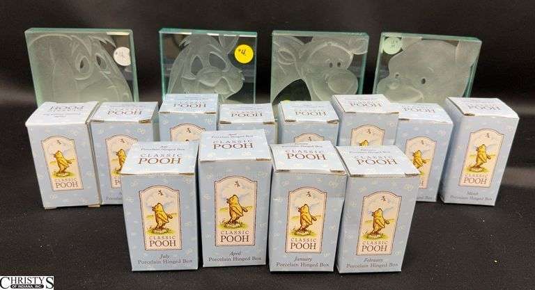 Four 4"X4" Winnie The Pooh Glass Trivets and 12 Classic Pooh Porcelain Hinged Boxes (January Through December) in Boxes image