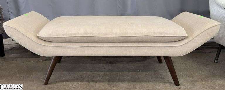 Mid Century Inspired Linen Bench, Has Wear 53x18x18" Tall To Arm image