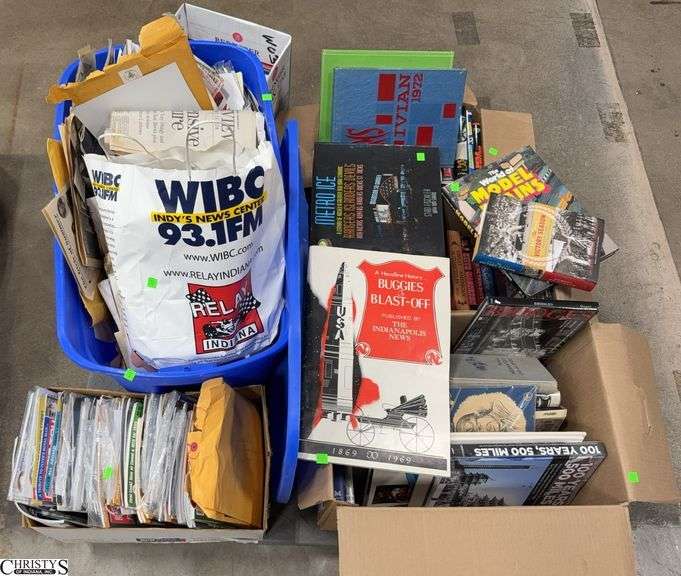 Skid With Tote, and Boxes of Books, Newspaper Sports Sections, Indianapolis Star Buggies To Blastoff, 100 Years 500 Miles, The World Of Model Trains, Emmerich Manual Highschool 1973 Yearbook image