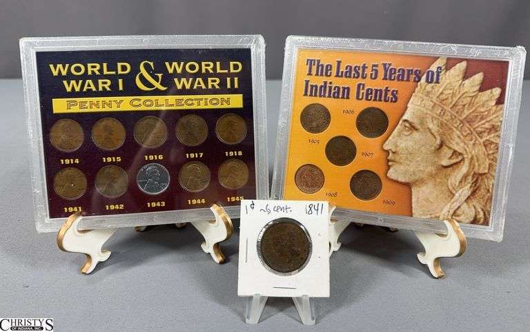 1841 Large Cent, The Last 5 Years of Indian Cents Set and World War I & World War II Penny Collection Set image