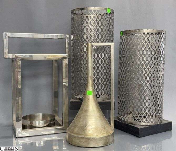 4pcs Silver Tone Candle Holders and Metal Ewer - 18" of tallest image
