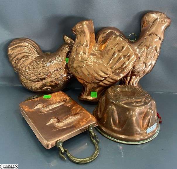 Copper Molds, Roosters, Fish, Ducks With Brass Handles image