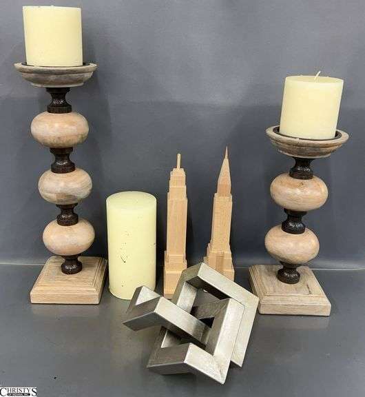 Pillar Candle Holders Tallest 18", Wooden Buildings, Metal Knotted Sclupture image
