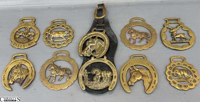 10 Brass Horse Bridal Harness Medallions image