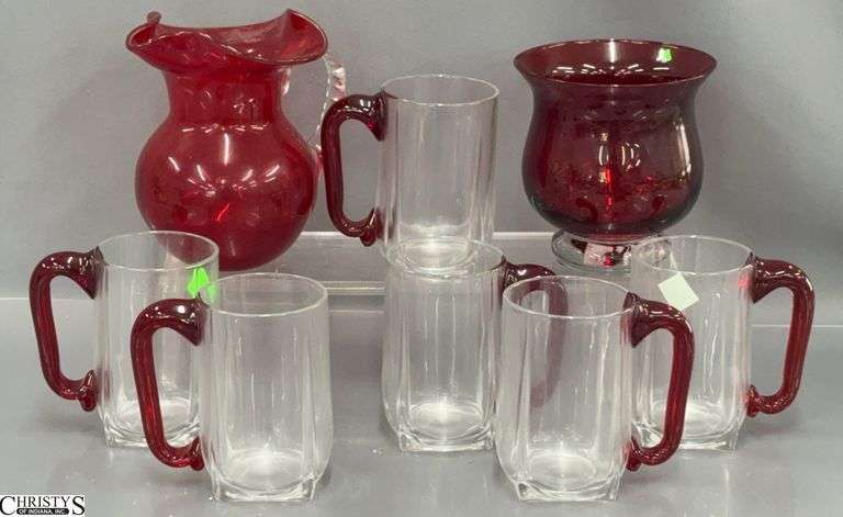 Hand Made With UV Reactive Red Pitcher, Ruby Glass Vase, Handled Mugs image