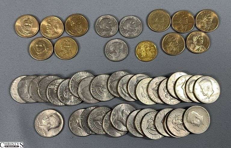 13 $1 Coins, 32 Kennedy Half Dollar Coins and 1 Gold Color Washington Quarter.  Incudes 2000 Massachusetts Quarter, Half Dollars are 1970, 80's & 90's, 5 Presidential Golden Dollars, 5 Sacagawea Dollars and 3 Susan B. Anthony Dollars ($29.25 Face Value) image