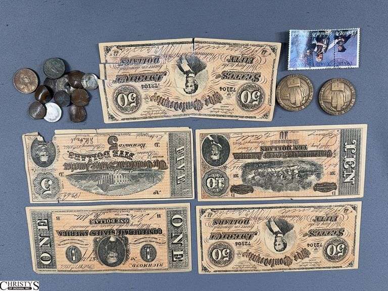 5 Confederate Bills- Facsimile ( 1 bill is very damaged and taped together), 3 Spirit of American 13 Cent Stamps, 13 Damaged US Coins and 2 State of Indiana Sesquicentennial  Rounds 1966 image