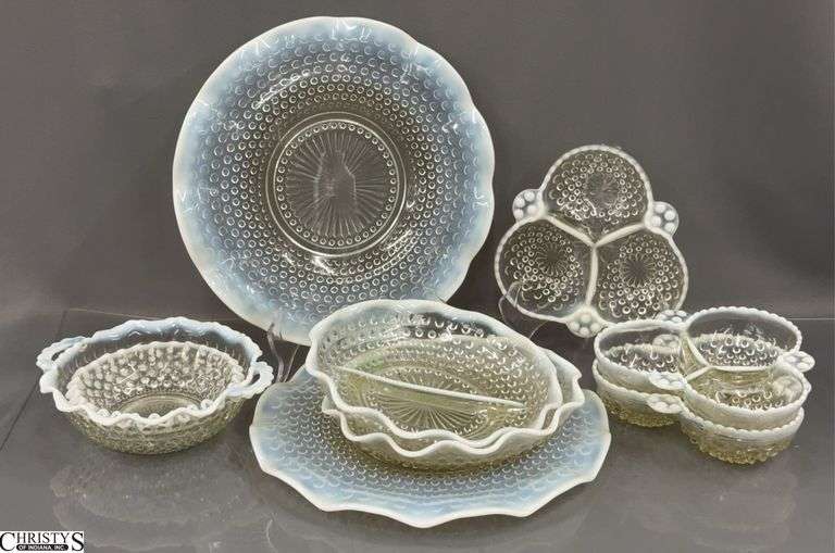 Hobnail Fenton White to Clear Divided Dishes, Platters 11" Bowls image