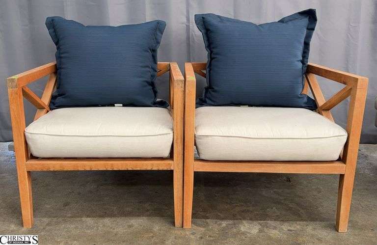 Pair of Teak Outdoor Chairs, Mismatched Back Cushions 27x27x25" Tall to Arm image