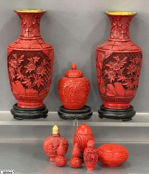 Chinese Carved Red Cinnabar Vases, Snuff Bottles, Small Jar, Eggs, Vases on Stands 10" image