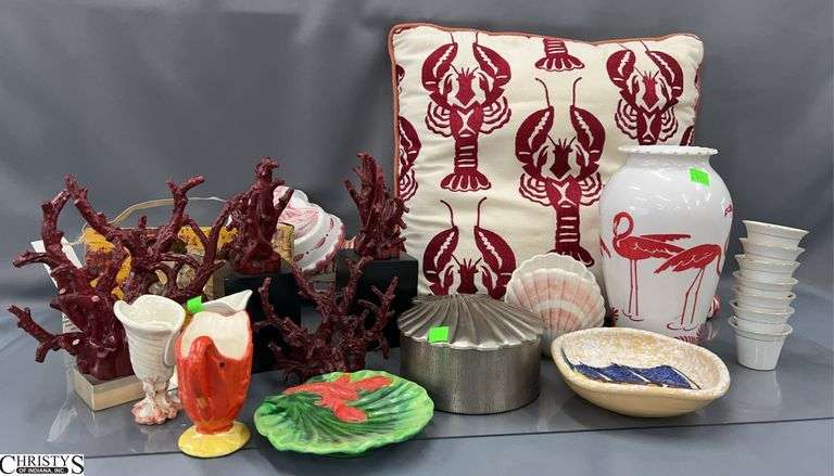 Lobsters, Shells, Flamingos, Fish, Coral Style Decor and Dishes and Music Box, Pillow Largest 16" image