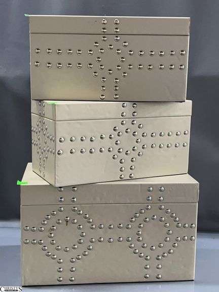 3 Taupe Studded Storage Boxes - 14" x 8" x 8" of largest image