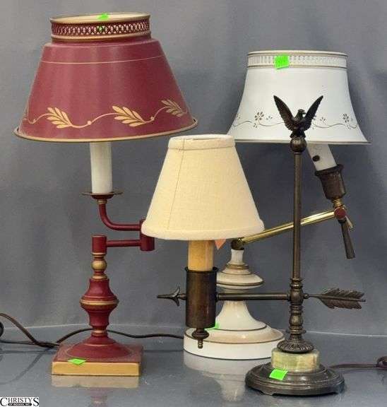3 Table Lamps, Red white with Gold Accents, and Weather Vane Style Brass With Mineral Accent, Tallest 19" image