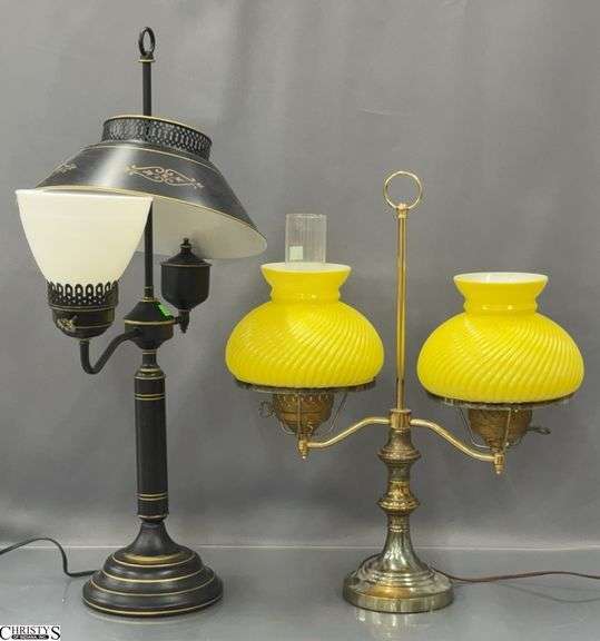 Pair of Electrified Oil Lamps, Yellow Glass Shade, Other Has Painted Metal Tallest 28" image
