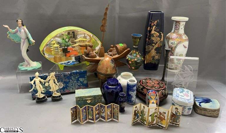 Assorted Asian Influence Decor - Vases, Trinket Boxes, Figurines, Lamp, Misc - 12" of tallest image