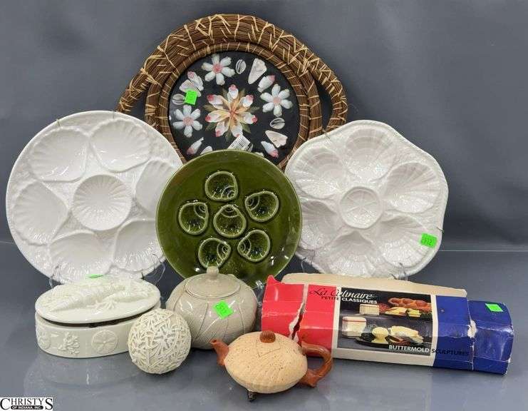 Butter Shell Molds, Ceramic Plates, Pots, Woven Tray 13" image