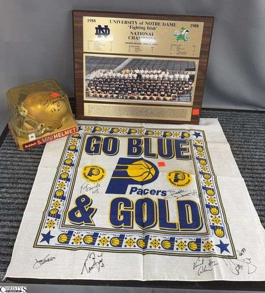 1988 Notre Dame Plaque, Signed Mini Helmet, Pacers Bandana Signed. Believe to be Signed By Rick Smits, Erick Dampler, Jerome Allen, Vincent Askew, Travis Best image