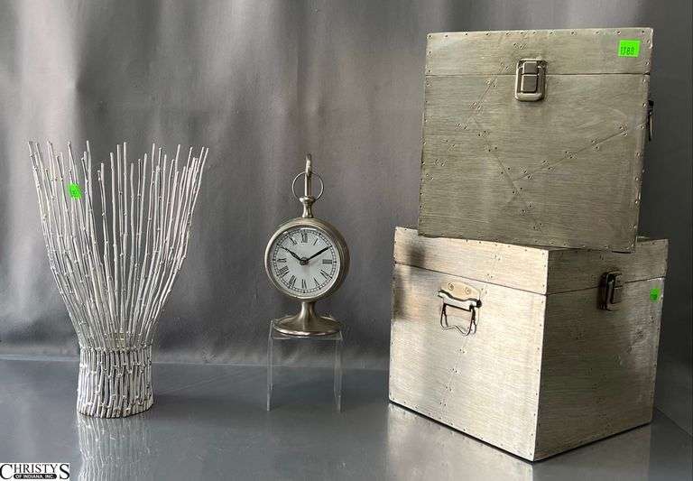 2 Gunmetal Style Wooden Storage Boxes, Silver Tone Candle Holder and Tabletop Clock  - 10" x 10" x 10" of largest image