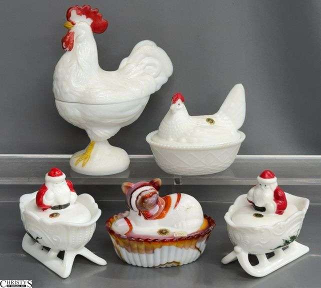 5 Covered Dishes Chickens, Christmas, Art Glass image