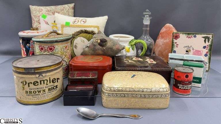 Vintage Tins, and Advertising, Salt Lamp, Pillows, Etched Bottles image
