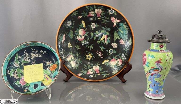 Asian Pottery Bowl, Vase and Plate With Stand Largest 14" image