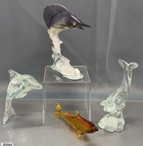 4 Glass and Ceramic Fish Figurines - 6" of tallest image