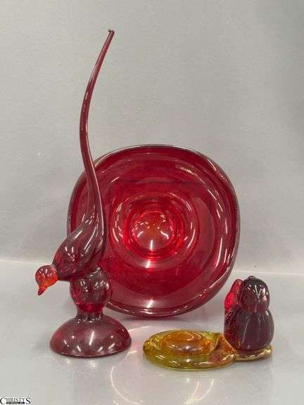3pcs Ruby Art Glass MCM Bird 10.5", Bowl and Cardinal Votive Holder Has UV Reaction image