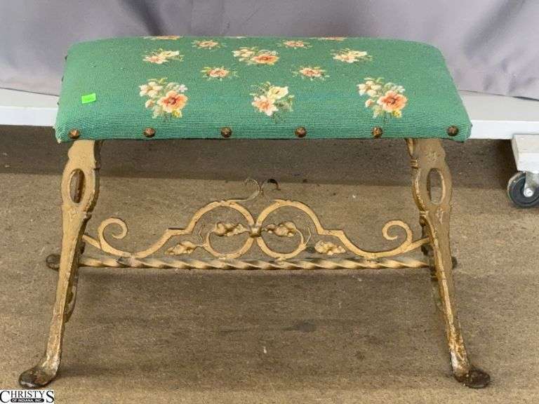 Cast Iron Base Needlepoint Upholstered Stool - 29" x 18" - 17" seat image