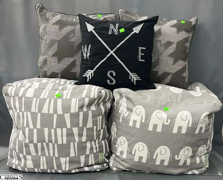 5 pcs Poufs and Throw Pillows, Grey, Elephant, and Black Colors, Home Wear From Use image