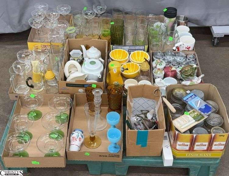Glassware Lot, Stems, Green and Amber Color Vintage Tumblers, Royal Worcester Egg Cups, Vases, Tea Pots, Salt and Peppers, Barware Wine & Bottle Openers, Skid With Vintage and Modern Board Games, Mostly Opened, Poker Chip Caddy, Puzzles,  SKID NOT INCLUDED image