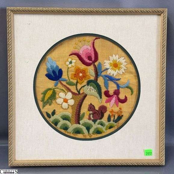 Framed Crewel Work Embroidery Piece - 16" x 16" of frame image