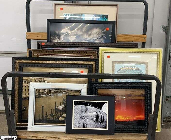 Assorted Framed Prints, Frames - 37" x 20" of largest - ROLLING CART NOT INCLUDED image
