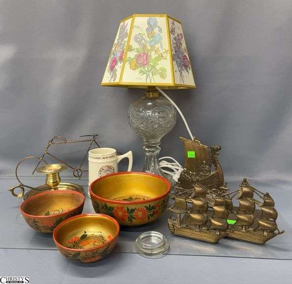 Brass Bookends, Chamber Candlestick, Converted Oil Lamp, Wooden Bowls, Misc - 18" T of lamp image