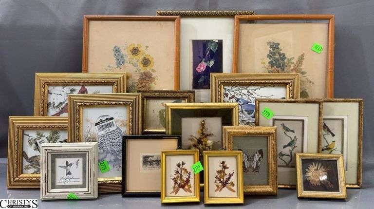 Small Framed Prints and Pressed Flowers, Largest Frame Appears Signed, 11x8" Some Wear image